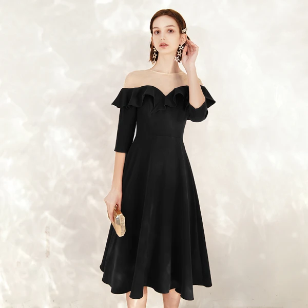 Chic / Belle Noire Robe De Soirée 2020 Princesse Daim Encolure Dégagée 1/2 Manches Mi-Longues Robe De Ceremonie