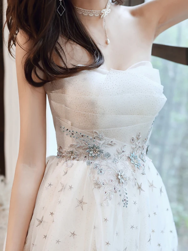 Fashion Champagne Evening Dresses  2020 A-Line / Princess Strapless Beading Star Lace Flower Sleeveless Backless Floor-Length / Long Formal Dresses