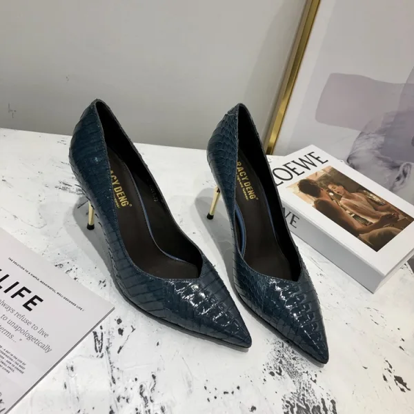 Schöne Marineblau Strassenmode Leder Pumps 2020 Schlangenhautmuster 7 cm Stilettos Spitzschuh Pumps
