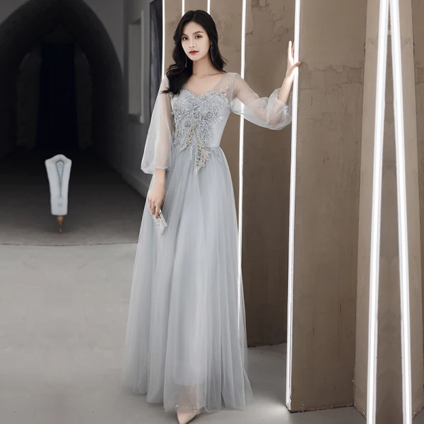Modest / Simple Grey Bridesmaid Dresses 2021 A-Line / Princess Scoop Neck Beading Pearl Lace Flower Short Sleeve Backless Floor-Length / Long Wedding Party Dresses