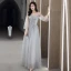 Modest / Simple Grey Bridesmaid Dresses 2021 A-Line / Princess Scoop Neck Beading Pearl Lace Flower Short Sleeve Backless Floor-Length / Long Wedding Party Dresses