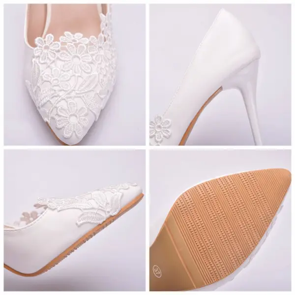 Affordable White Wedding Pumps 2020 Lace Flower 9 cm Stiletto Heels Pointed Toe Womens Shoes