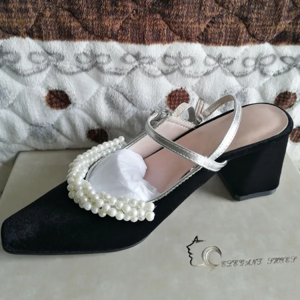 Elegante Schwarz Datierung Leder Damenschuhe 2020 Perle Knöchelriemen 7 cm Thick Heels Spitzschuh High Heels