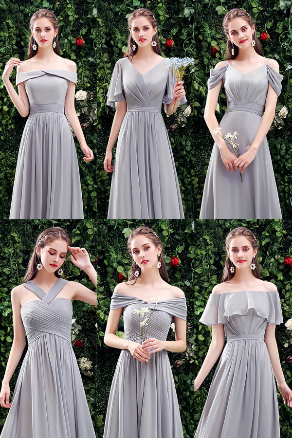 Simple Gris Robe Demoiselle D'honneur 2021 Princesse De l'épaule Manches Courtes Dos Nu Longue Robe Pour Mariage