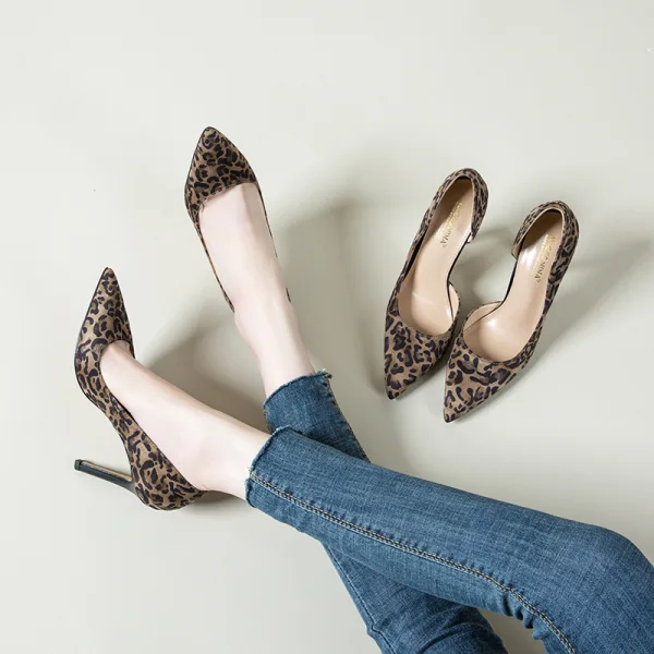 Chic / Beautiful Brown Street Wear Leopard Print Pumps 2020 Suede 10 cm Stiletto Heels Pointed Toe Pumps