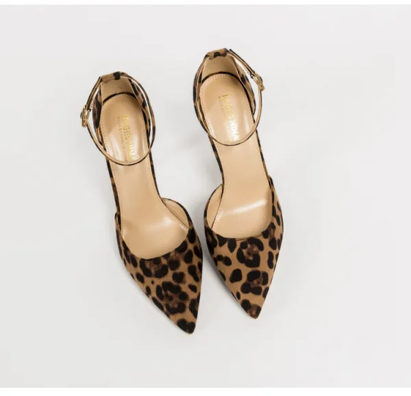Fashion Brown Street Wear Leopard Print Womens Sandals 2020 Ankle Strap 10 cm Stiletto Heels Pointed Toe Sandals