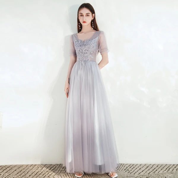 Modest / Simple Grey Bridesmaid Dresses 2021 A-Line / Princess Square Neckline Beading Lace Flower Short Sleeve Backless Floor-Length / Long Wedding Party Dresses