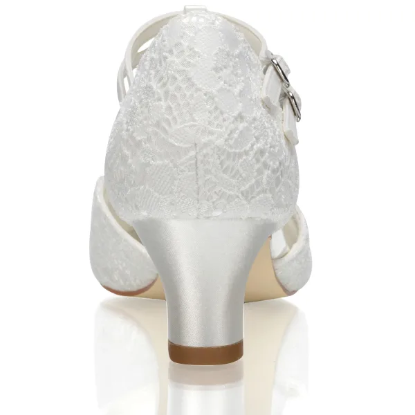 Elegant Ivory Satin Lace Wedding Shoes 2021 T-Strap 5 cm Thick Heels Pointed Toe Wedding High Heels