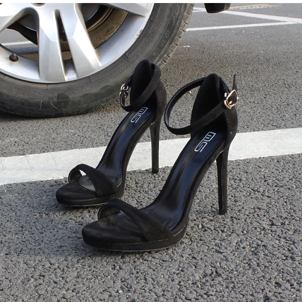 Schlicht Schwarz Freizeit Wildleder Sandalen Damen 2020 Knöchelriemen 10 cm Stilettos Peeptoes Sandaletten