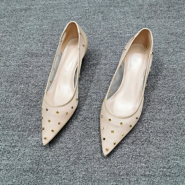 Chic / Beautiful Beige Casual Tulle Pumps 2020 Rivet 4 cm Stiletto Heels Low Heel Pointed Toe Pumps
