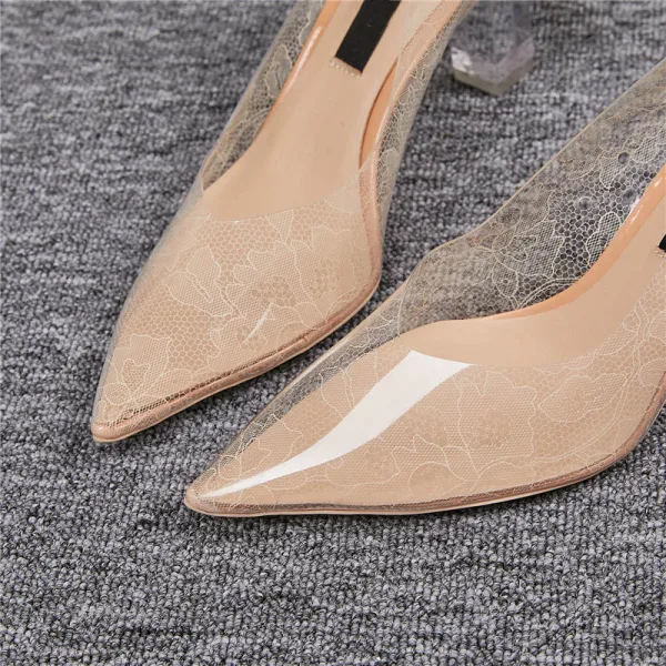 Transparent Beige Abend Pumps 2020 Leder Spitze 6 cm Kristall Thick Heels Spitzschuh Pumps