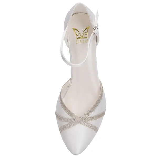 Elegante Ivory / Creme Satin Glanz Brautschuhe 2021 5 cm Thick Heels Spitzschuh Hochzeit Hochhackige