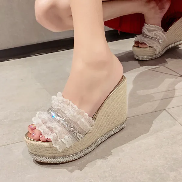 Chic / Beautiful Gold Beach Womens Sandals 2020 Lace Rhinestone 11 cm Wedges Open / Peep Toe Sandals