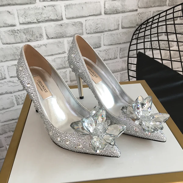 Uroczy Rumieniąc Różowy Wieczorowe Kryształ Czółenka 2020 Skórzany Rhinestone 8 cm Szpilki Szpiczaste Czółenka