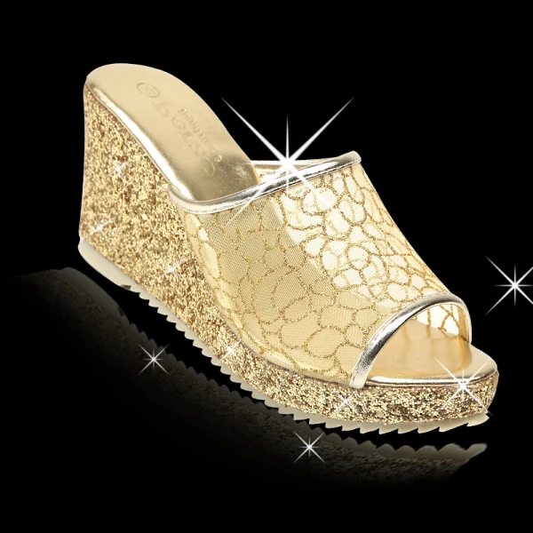 Sparkly Gold Summer Evening Party Womens Sandals 2020 Glitter Sequins 9 cm Wedges Open / Peep Toe Sandals