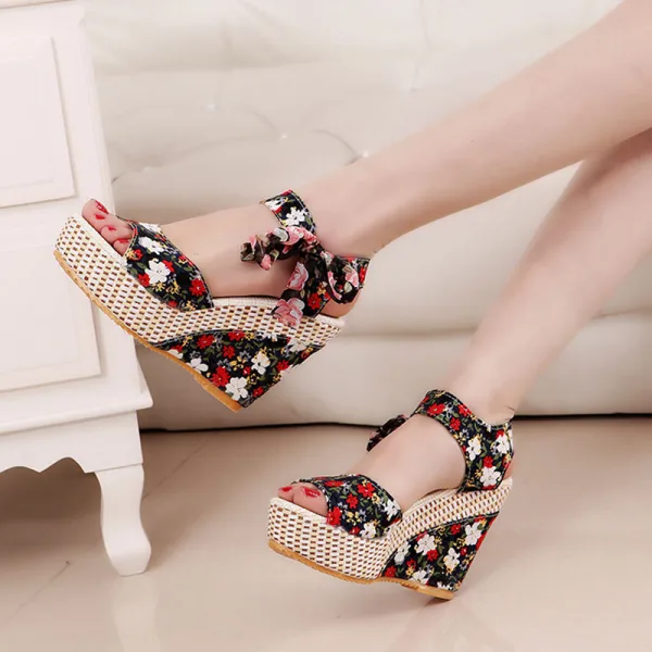 Fashion Red Beach Floral Womens Sandals 2020 Bow 11 cm Wedges Open / Peep Toe Sandals