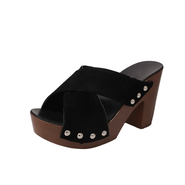 Römisch Schwarz Freizeit Niet Sandalen Damen 2020 5 cm Thick Heels Peeptoes Sandaletten