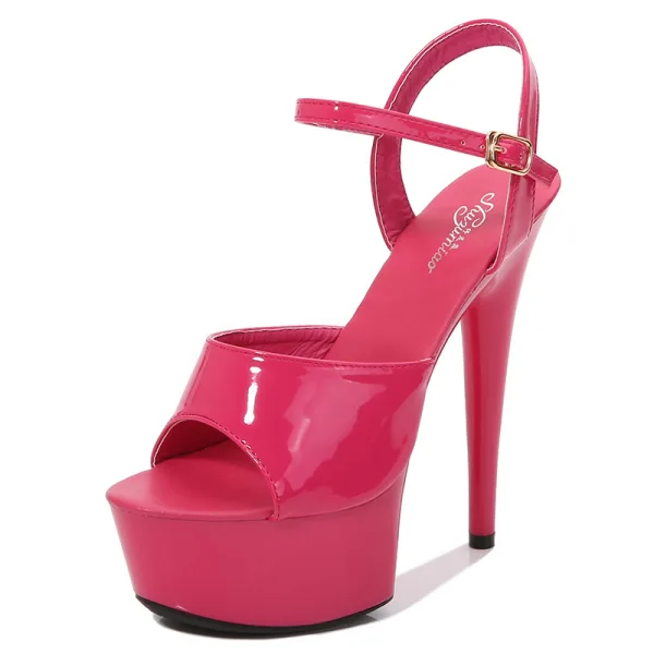 Sexy Schwarz Karneval Club Sandalen Damen 2020 Knöchelriemen 15 cm Stilettos Peeptoes Sandaletten