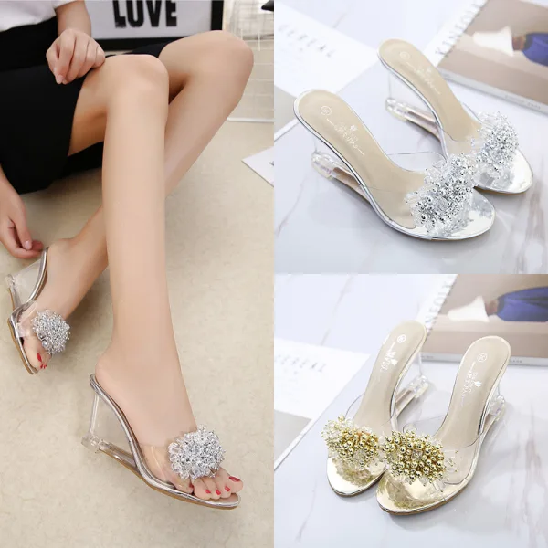Chic / Beautiful Gold Casual Rhinestone Womens Sandals 2020 8 cm Wedges Open / Peep Toe Sandals