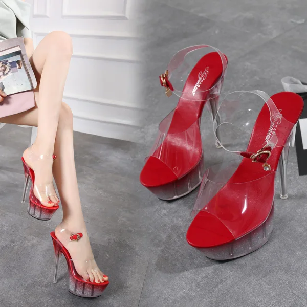 Chic / Beautiful Red Casual Womens Sandals 2020 Ankle Strap 14 cm Stiletto Heels Open / Peep Toe Sandals