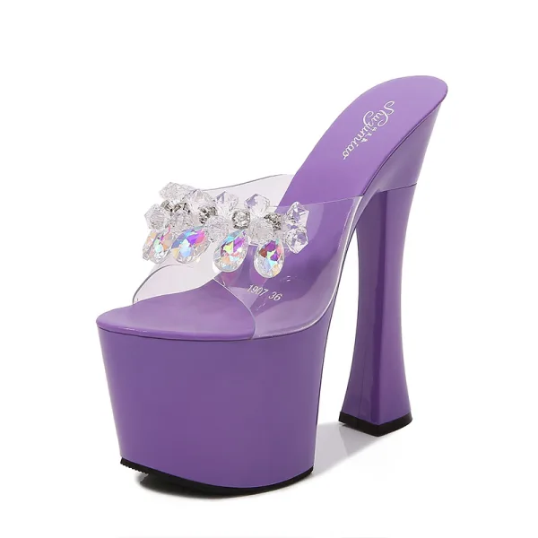 Sexy Blanche Club de carnaval Été Cristal Sandales Femme 2020 Faux Diamant 17 cm Talons Épais Peep Toes / Bout Ouvert Sandales