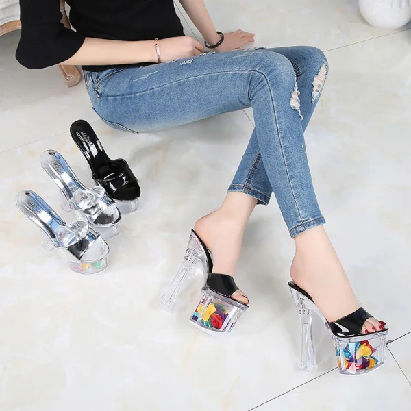 Sexy Black Street Wear Womens Sandals 2020 18 cm Thick Heels Open / Peep Toe Sandals