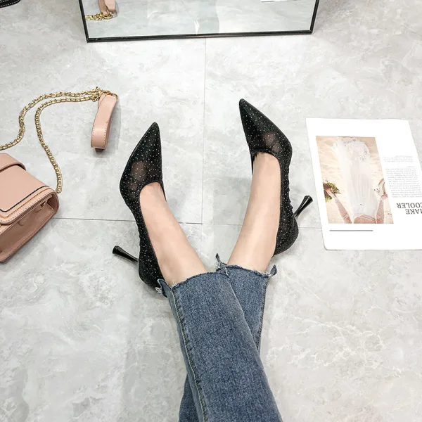 Charmant Argenté Soirée Escarpins 2020 Cuir Glitter Paillettes 7 cm Talons Aiguilles À Bout Pointu Escarpins