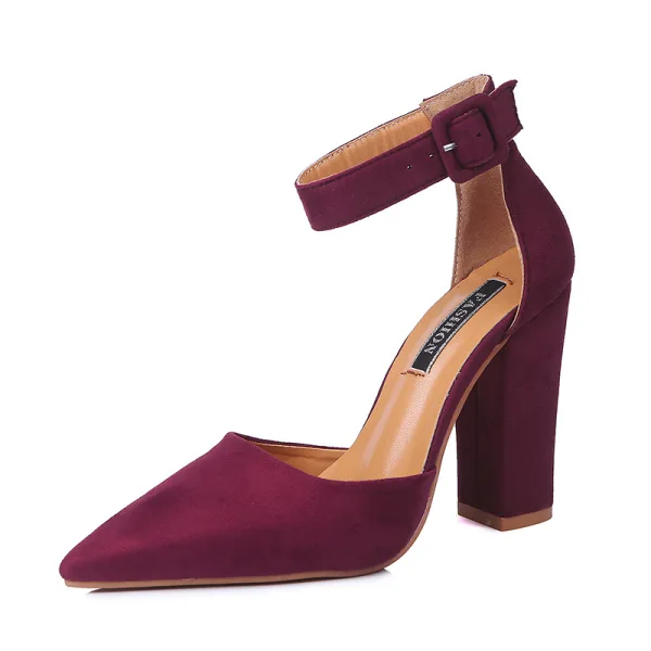 Betaalbare Bordeaux Toevallig Suede Sandalen Dames 2020 Enkelband 10 cm Dikke Hak Spitse Neus Sandalen