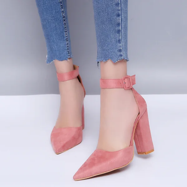 Prisvärd Brun Casual Sandaler Dam 2020 Ankelband 8 cm Tjocka Klackar Spetsiga Sandaler