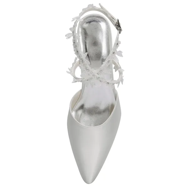 Simple Ivoire Satin Chaussure De Mariée 2021 Bride Cheville Faux Diamant En Dentelle Fleur 5 cm Talons Aiguilles À Bout Pointu Mariage Talons Hauts