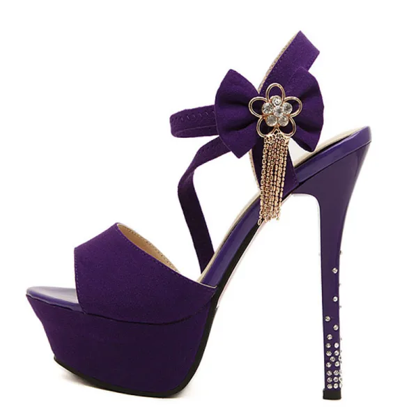 Chic / Beautiful Royal Blue Cocktail Party Womens Sandals 2020 Rhinestone Bow Ankle Strap 14 cm Stiletto Heels Open / Peep Toe Sandals