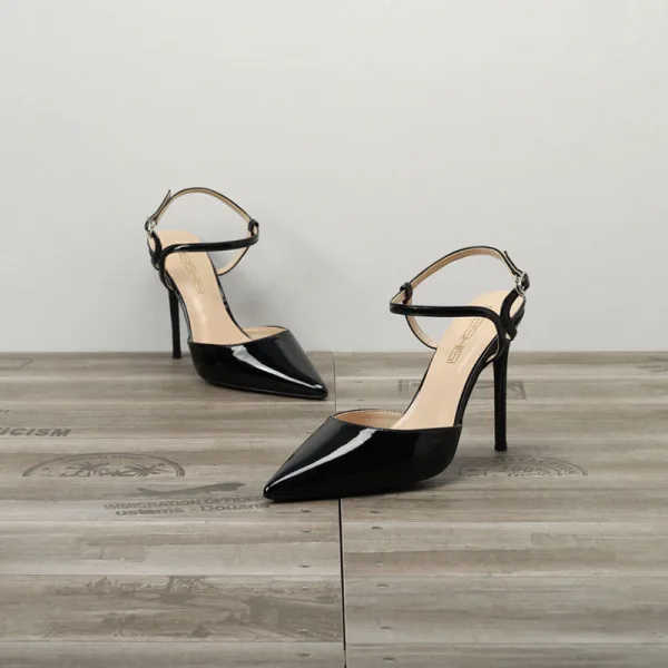 Fashion Black Street Wear Womens Sandals 2020 Patent Leather Ankle Strap 10 cm Stiletto Heels Pointed Toe Sandals