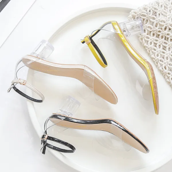 Transparent Schwarz Freizeit Sandalen Damen 2020 Knöchelriemen 7 cm Thick Heels Peeptoes Sandaletten