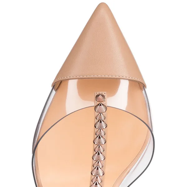 Sexy Beige Soirée Sandales Femme 2020 Rivet T-Strap 12 cm Talons Aiguilles À Bout Pointu Sandales