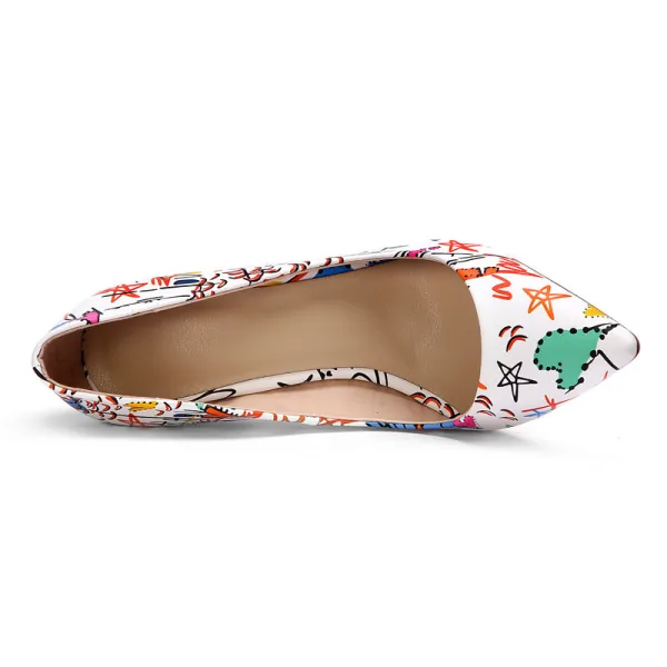 Fashion White Street Wear Doodle Cartoon Pumps 2020 12 cm Stiletto Heels Pointed Toe Pumps