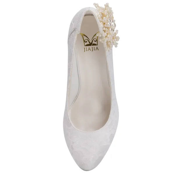 Eleganta Elfenben Satin Spets Pärla Brudskor 2021 8 cm Stilettklackar Spetsiga Bröllop Pumps Högklackade