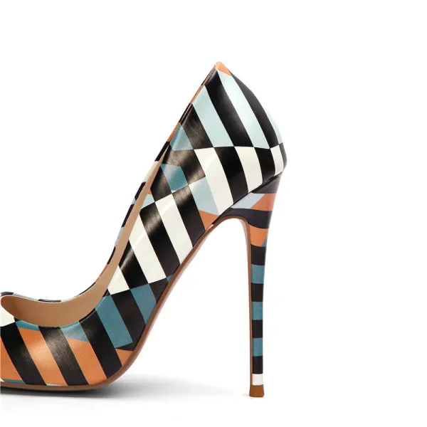 Schöne Multifarben Strassenmode Pumps 2020 Gestreift Gekritzel 12 cm Stilettos Spitzschuh Pumps