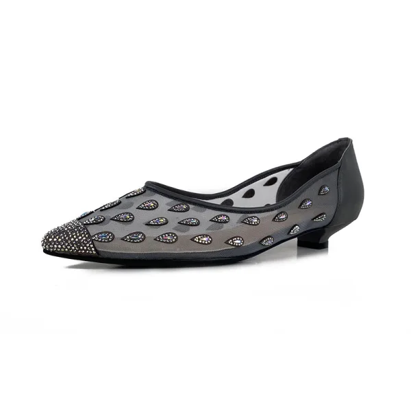 Charming Beige Street Wear Leather Pumps 2020 Pierced Rhinestone 3 cm Stiletto Heels Pointed Toe Low Heel Pumps