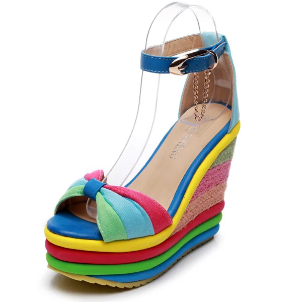 Fashion Casual Braid Rainbow Womens Sandals 2020 Ankle Strap 13 cm Wedges Open / Peep Toe Sandals