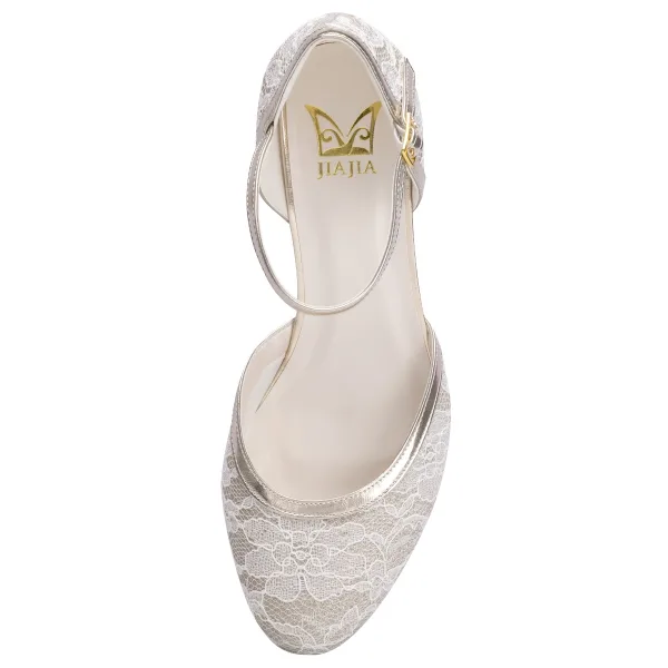 Mode Champagne En Dentelle Chaussure De Mariée 2021 Satin 6 cm Talons Aiguilles À Bout Rond Mariage Talons Hauts