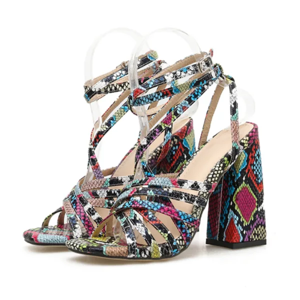 Sexy Roman Red Street Wear Snakeskin Print Womens Sandals 2020 Ankle Strap X-Strap 11 cm Thick Heels Open / Peep Toe Sandals