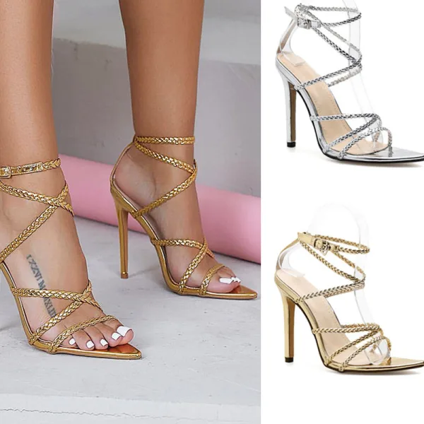 Sexy Silber Abend Flechten Sandalen Damen 2020 X-Riemen 11 cm Stilettos Spitzschuh Sandaletten