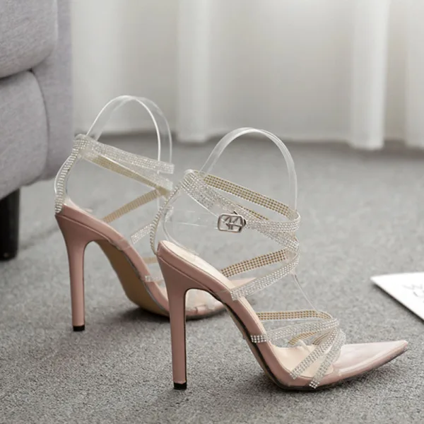 Sexy Beige Evening Party Womens Sandals 2020 Rhinestone X-Strap 12 cm Stiletto Heels Open / Peep Toe Sandals