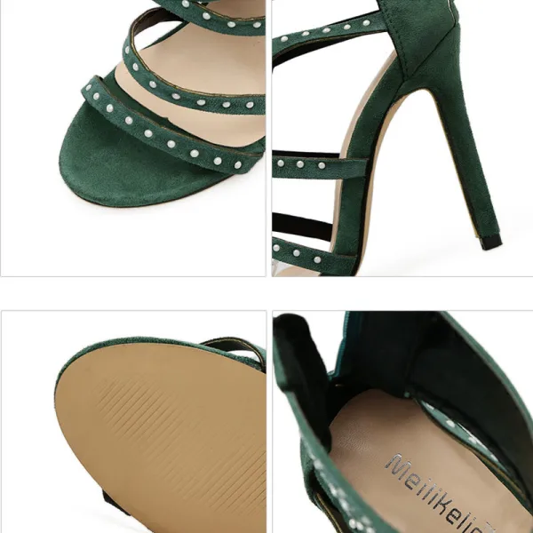 Roman Black Street Wear Suede Pierced Womens Sandals 2020 Rhinestone 11 cm Stiletto Heels Open / Peep Toe Sandals