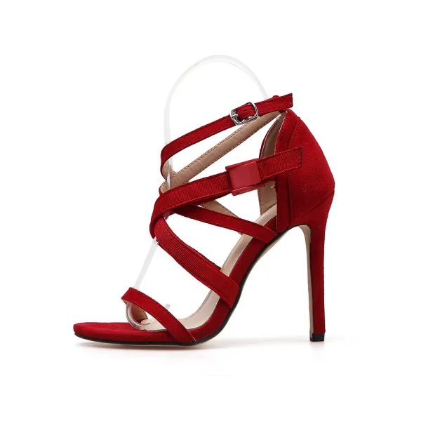 Modest / Simple Red Street Wear Womens Shoes 2020 X-Strap 11 cm Stiletto Heels Open / Peep Toe Sandals