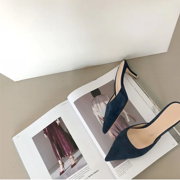 Modest / Simple Navy Blue Street Wear Suede Womens Sandals 2020 8 cm Stiletto Heels Pointed Toe Sandals