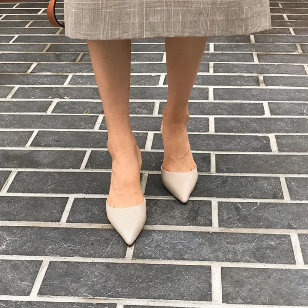 Schlicht Beige Strassenmode Sommer Sandalen Damen 2020 8 cm Stilettos Spitzschuh Sandaletten