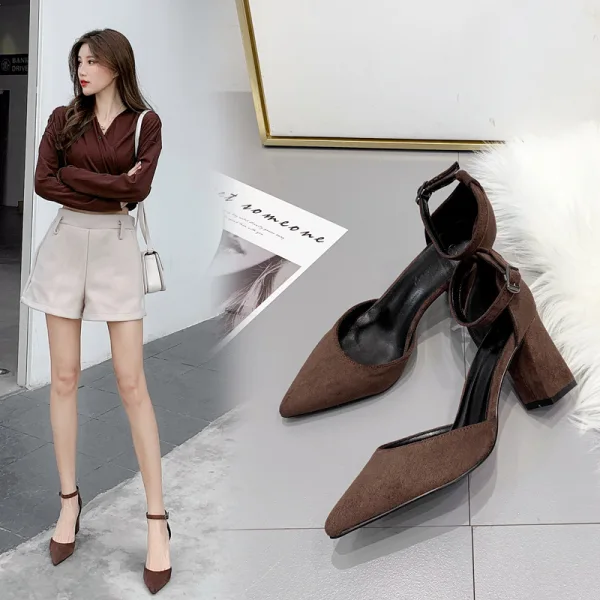 Sexy Brown Summer Street Wear Womens Sandals 2020 Suede Ankle Strap 8 cm Thick Heels Pointed Toe Sandals