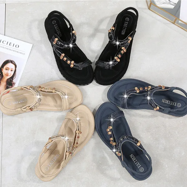Cyganeria Granatowe Plaża Pantofle & Klapki 2020 Rhinestone Z Paskiem Peep Toe Płaskie Buty Damskie
