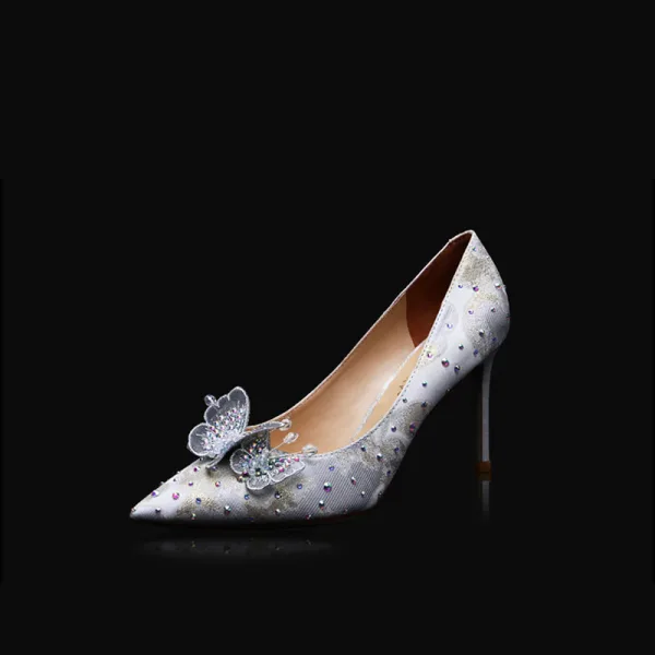 Charmant Ivory / Creme Schmetterling Brautschuhe 2020 Leder Strass 8 cm Stilettos Spitzschuh Hochzeit Pumps